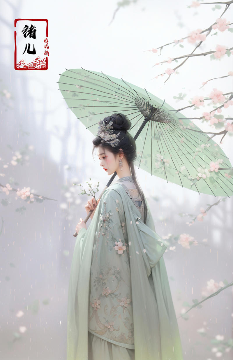 606247209521968606-377665685-A woman holds a oil-paper umbrella on her shoulder to shelter from the rain as part of a fashion event in the style of Yue Xiaof.jpg